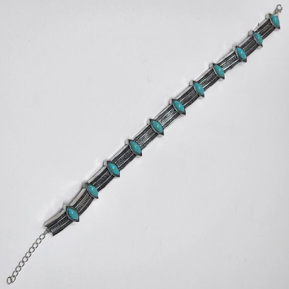 Boho Turquoise Marquise Silver Choker Necklace - Picture 6 of 8